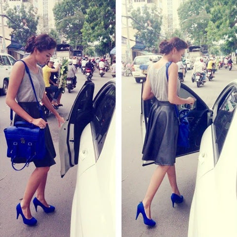 Thanh Hằng nổi bật với chiếc túi Pashli màu xanh cobalt